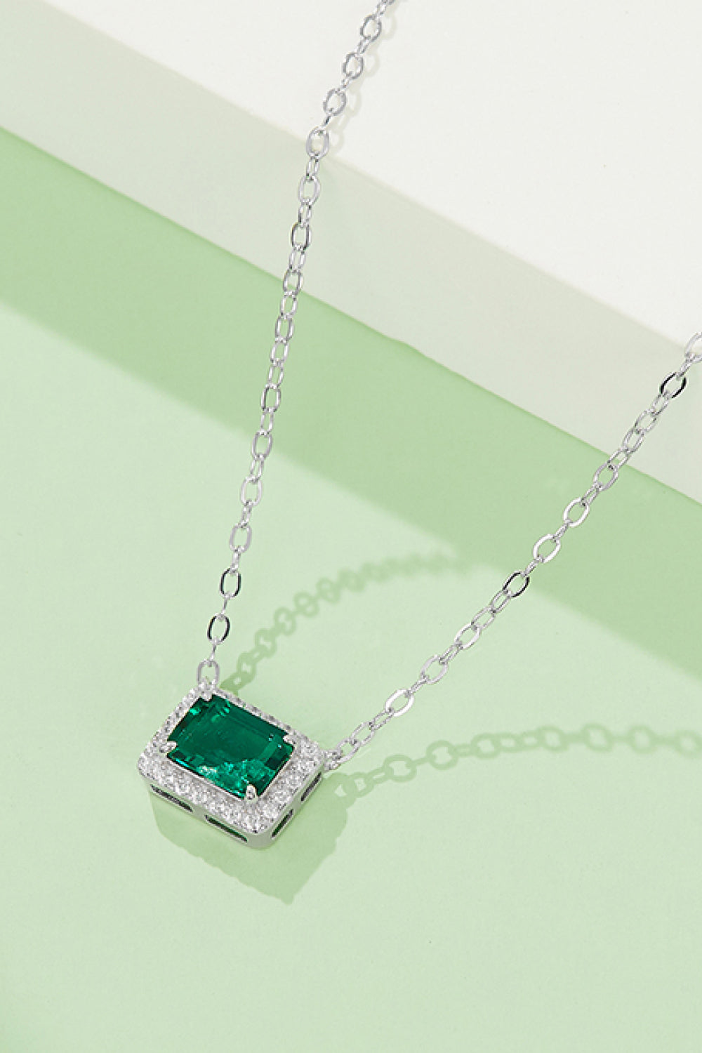 Lab-Grown Emerald Rectangle Pendant Necklace - Divine Silver
